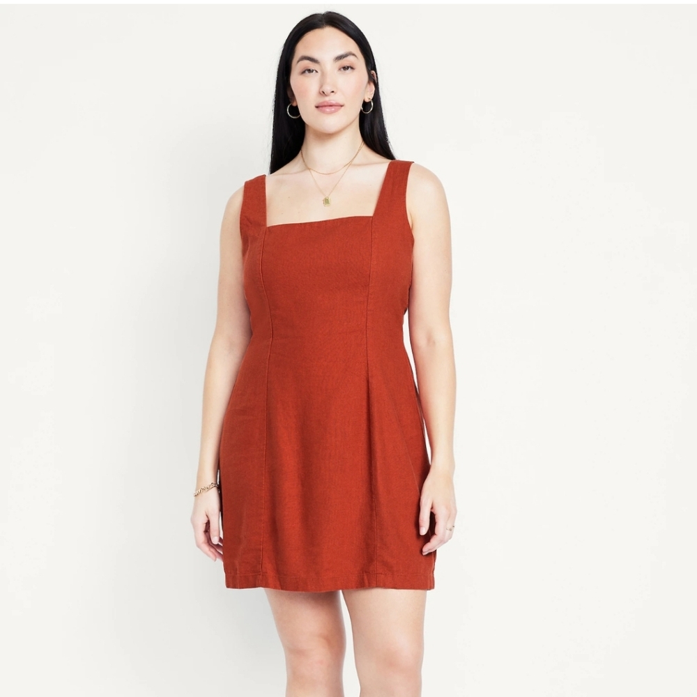 BNWT Rust Square-Neck Linen-Blend Mini Dress